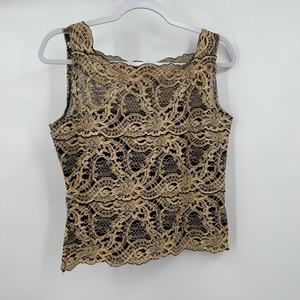 Vintage Kay Celine Women Y2K Lace Top Size M Gold Black Hollywood Glam Statement